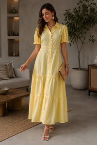 Yellow Cotton Shirt <b>Dress</b>, Short <b>Sleeve</b> Tiered <b>Tunic</b>, Beach Vacation Style - Product Image 1