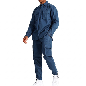 Ensemble de survêtement en coton bleu pour homme, chemise à manches longues boutonnée, pantalon cargo, tenue décontractée pour le printemps, couleur unie, coupe classique - Product Image 1