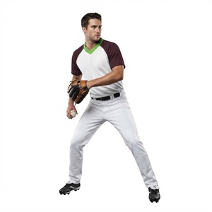 <b>Men</b> Baseball Uniform <b>White</b> Maroon Green V-Neck Jersey With Matching <b>Pants</b> Breathable Cotton Adult Full Sleeve - Product Image 2