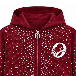 Sweat à capuche zippé bordeaux personnalisé avec perles, veste streetwear de luxe ornée de perles, sweat à capuche à manches longues, vêtement d'extérieur décontracté - Product Image 3