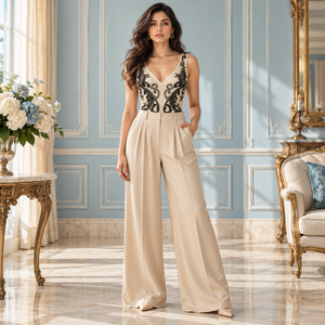 Body sin mangas color marfil con bordado floral negro con cuentas |   Top de Fiesta de Una Pieza con Escote en V Profundo y Diseño de Cuentas con Motivos de Enredaderas - Product Image 2