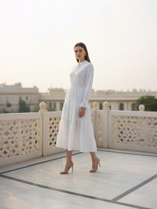 Exquisite White Eyelet Embroidered Midi <b>Dress</b> with Flattering V-Neck and Smocked Waist Tiered Hem Cotton Boho Casual Wear - Product Image 2