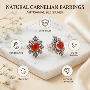 Boucles d'oreilles clous florales en cornaline, monture en argent 925, style vintage, bijoux pour femme pour mariage, soirée et usage quotidien - Product Image 3