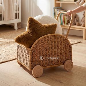 Handwoven Rattan Wooden Frame Toy Pram Wicker Doll <b>Stroller</b> Sustainable Kids Room Storage Cart & Walker Wagon <b>for</b> <b>Toddlers</b> - Product Image 4