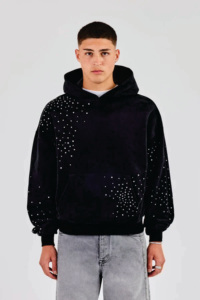 2026 Streetwear Sweat à capuche pour homme personnalisé en molleton French Terry, entièrement imprimé, orné de strass, coupe carrée courte, avec fermeture éclair intégrale et capuche intégrale - Product Image 1
