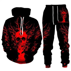 GULLSTAR YOGA INDUSTRY Men Gothic Skull Print Hooded Tracksuit Full Length Sweatshirt Pants <b>Set</b> Breathable 100% Cotton - Product Image 1