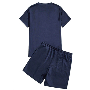 Ropa al por Mayor, Conjunto de Camiseta y Pantalones Cortos de Algodón Azul Marino para Hombre, Manga Corta, Cuello Redondo, Corte Regular, Color Sólido, Ropa Casual - Product Image 1