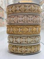 Bordure en dentelle métallique brodée en polyester avec perles, lavable, or et argent, pour vêtements, textiles de maison, sacs, chaussures, décoration