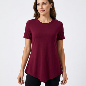 T-shirt décontracté pour femme, couleur unie, manches courtes, col rond, tricoté en polyester, UPF 50+, taille plus, bordeaux, coupe classique - Product Image 3