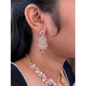 Indian Ethnic Cara American Diamond <b>Pearl</b> <b>Necklace</b> <b>Set</b>-Gold Plated Bridal Fine Jewelry - Product Image 2