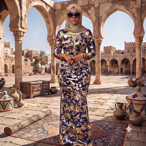 Robe Fransawi Dirac gris argenté et or pour femmes |   Maxi somalien en velours imprimé floral de luxe - Product Image 5