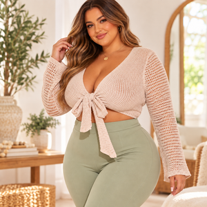 Top Corto de Punto Beige para Mujer, Manga Larga, Cuello en V, Lazo, Sexy, para Club, Verano, Transpirable, Color Sólido, Tejido a Mano - Product Image 4