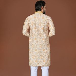 Designer Cotton <b>Kurta</b> <b>Pajama</b> Set with Lucknowi Work And Digital Print Weaving Silk Neck Design Antique Buttons - Product Image 3