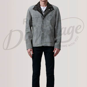 Veste en daim gris pour homme de qualité supérieure, col en cuir marron contrastant, coupe ajustée, style urbain, veste décontractée en daim - Product Image 5