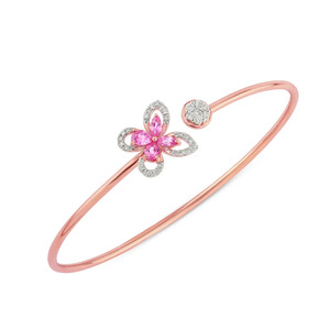 Bracelet ouvert en diamant fleur de cerisier rose avec cadre fin en or rose et motif floral central - Product Image 4