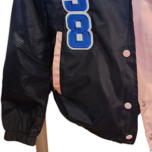 <b>Women</b> Navy Blue Pink 1938 Color Block <b>Jacket</b> Long Sleeve Embroidered Patch Button Front <b>Lightweight</b> Casual Windbreaker Outerwear - Product Image 5