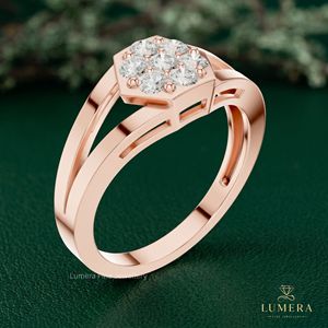 Unique Round Brilliant Diamond Flower Cluster <b>Ring</b> With Geometric Hexagonal Frame, Multiple Prong Set, <b>Open</b> Split Shank <b>Ring</b> - Product Image 6