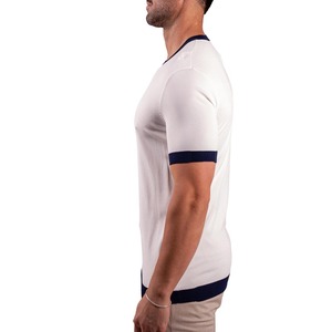 Camiseta Blanca de Cuello Redondo y Manga Corta para Hombre con Ribete en Contraste Azul Marino, de Algodón Tejido, Talla Grande, Largo Regular, Color Sólido - Product Image 6