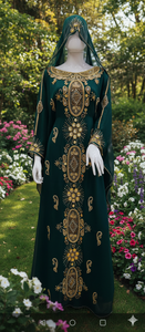 Caftán Elegante Verde Esmeralda con Adornos Hechos a Mano, Trabajo Intrincado con Cuentas Doradas, Abaya de Lujo con Mangas Largas hasta el Suelo - Product Image 3