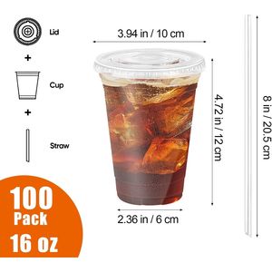 Confezione da 100 Bicchieri Monouso in Plastica Trasparente con Coperchi e Cannucce, Antigoccia e Resistenti per Caffè Freddo o Bevande da Asporto, Ideali per Feste - Product Image 2