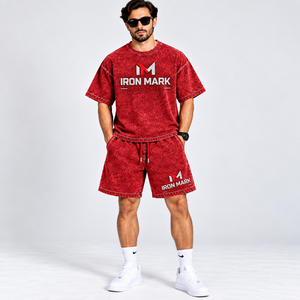 Iron Mark Industries Men's Terry Knitted Cotton T-Shirt <b>Shorts</b> Set V-neck Streetwear Summer Wear Breathable Silk Screen Printed - Product Image 2