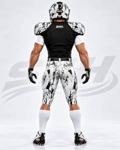 Uniforme de football américain personnalisé noir et blanc pour hommes, maillot à col en V imprimé effet éclaboussures avec pantalon de jeu rembourré, équipe de gridiron personnalisée - Product Image 6