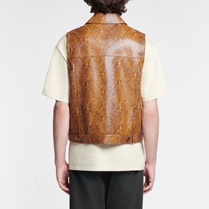 Men's Brown Snake Print Leather Vest <b>Turn</b>-down Collar Single Breasted Pockets Casual Outer Wear Summer Regular Fit - Product Image 2