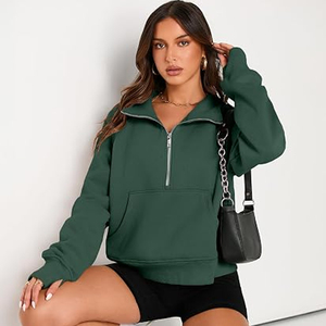 Women's Solid <b>Green</b> Quarter Zip Sweatshirt <b>Long</b> <b>Sleeve</b> Stand Collar Pullover with Pockets Casual <b>Crop</b> <b>Top</b> - Product Image 5