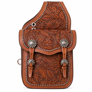 ROYAL INTERNATIONAL Sacs de selle pour chevaux en cuir véritable |   Pochette de rangement latérale pour l'équitation occidentale avec sangles et boucles sécurisées, embossée - Product Image 1