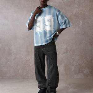 High Quality Cotton Eco-Friendly Mesh Fabric Men's Oversized Short Sleeve Blue <b>White</b> Pattern 180g Summer Blank Print Jersey <b>Tee</b> - Product Image 4