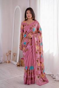 Sari en coton brodé de fleurs roses avec bordure en dentelle, tenue traditionnelle indienne pour femmes, toutes saisons - Product Image 1