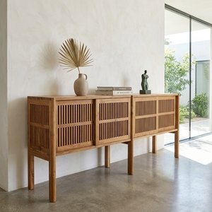 Modern Solid Wood Slatted <b>Sideboard</b> Cabinet Elegant <b>Storage</b> Furniture For Rustic Contemporary Living Room And Dining Room Decors - Product Image 4