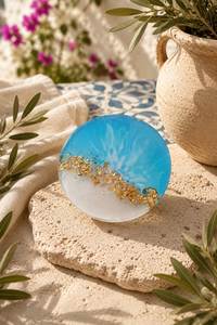 Posavasos redondo de vidrio con diseño de resina azul y dorada, hecho a mano, decoración moderna para mesa, posavasos de alta calidad. - Product Image 1