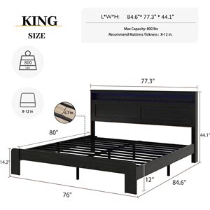 Letto Matrimoniale King Size con Struttura in Legno, Testiera Illuminata a LED e 2 Porte USB, Silenzioso, Senza Necessità di Rete a Doghe, con Vano Contenitore Integrato - Product Image 4