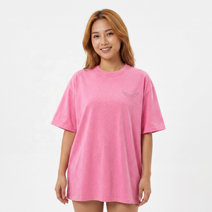 <b>Pink</b> Oversized Short Sleeve T-Shirt with Embossed Wing Logo Men's Casual Knitted Cotton O-Neck <b>Top</b> - Product Image 6