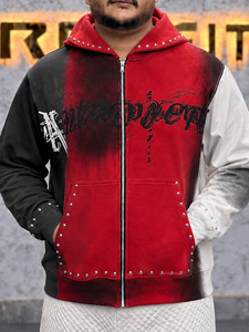 Sweat-shirt à capuche zippé pour homme REXFIT, 3 couleurs, style streetwear, avec détails cloutés et imprimé noir, fermeture éclair intégrale - Product Image 4