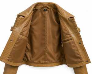 Veste en cuir gaufré croco pour femme, marron, en cuir de crocodile véritable, coupe courte, faite à la main, tendance - Product Image 5