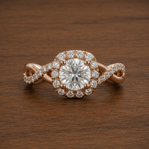 Bague de fiançailles halo 3.30 carats VVS2 couleur E certifiée IGI, demi-éternité en or blanc 18 carats avec diamant de laboratoire véritable et tige torsadée - Product Image 1