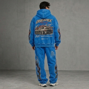 Conjunto Deportivo Azul para Hombre, Sudadera con Capucha Extra Grande y Pantalones Deportivos, Ropa Deportiva Urbana, Logotipo Bordado Personalizado, Algodón Grueso, Dos Piezas - Product Image 2
