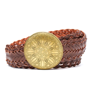 Cinturón de Cuero Color Marrón para Mujer, Estilo Vintage, Hebilla Redonda Grande Dorada, Cinturón Tejido a Mano, Cinturón de Vestir a la Moda - Product Image 1