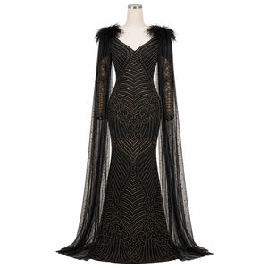 Luxury Black <b>Art</b> Deco Beaded Mermaid Evening Gown for Women | Feather Shoulder Formal Party Dress | Elegant Red Carpet Wear - Product Image 1