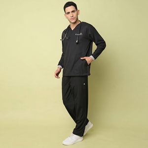 Ensemble de blouses médicales unisexe KhumBro noir, col en V, manches longues, tricoté en mélange coton-polyester, respirant, détectable par les détecteurs de métaux, uniforme hospitalier - Product Image 1