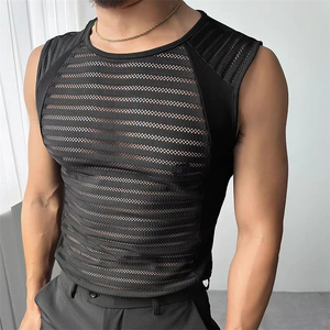 Men's Black <b>Mesh</b> Tank <b>Top</b> O-Neck Striped Hollow Out Breathable Knitted Street Style Spandex Polyester - Product Image 4