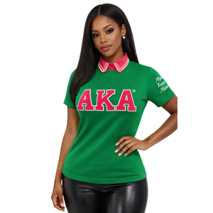 เสื้อยืดสีเขียว AKA Chenille ปักตัวอักษรกรีก เสื้อยืดผ้าฝ้ายพรีเมียม เสื้อผ้าลำลองสำหรับชมรมนักศึกษา - Product Image 1