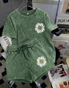 Women 2-Piece Set Green Floral Print Short Sleeve Top With Shorts Casual Loose Fit Spring Summer Wear - Product Image 1