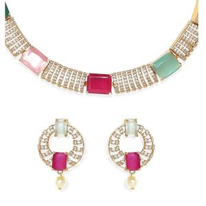 Ensemble collier et boucles d'oreilles en alliage plaqué or avec cristaux roses et verts, design géométrique, pour femmes, bijoux de fête - Product Image 1