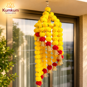 Artificial Marigold <b>Flower</b> Chandelier Hanging 3 ft Long Traditional Vintage Modern Wedding Jhoomar Bells Home Temple Door Decor - Product Image 4
