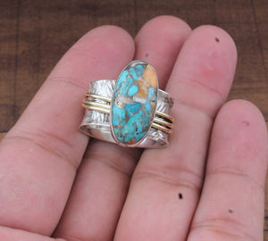 Anillo Ancho de Plata de Ley 925 con Turquesa Natural y Cobre, Joyería Clásica para Unisex, Venta al por Mayor - Product Image 1