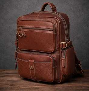 Classic Genuine Leather <b>Backpack</b> Men's Durable Zip Closure Shoulder <b>Strap</b> Daily Use Brown - Product Image 3