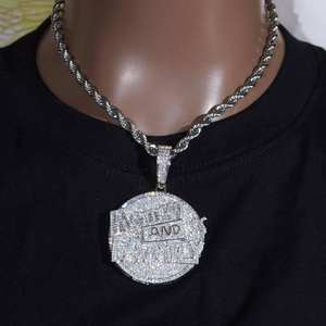 Silver Color Round Moissanite Pendant Necklace Rhodium Plated <b>Disc</b> Charm Chain Jewelry for Men - Product Image 3